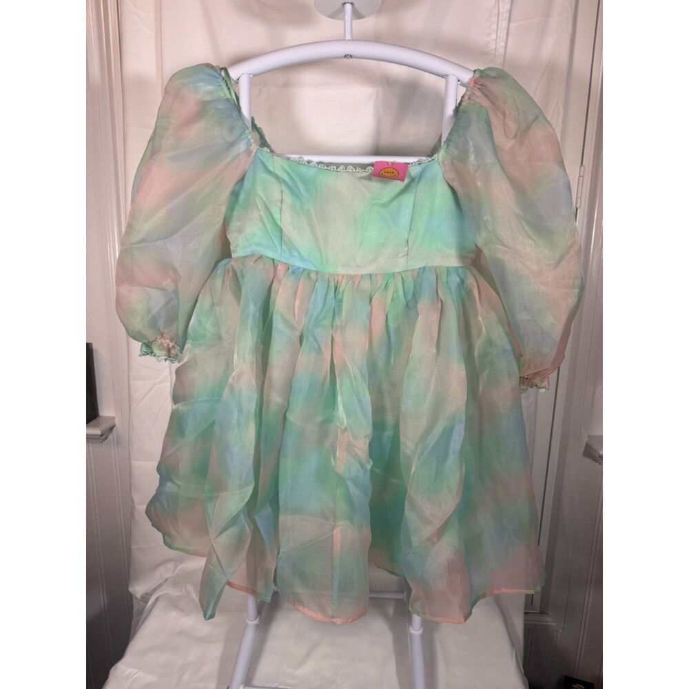 Dressed in LALA Pastel Watercolor Puff Sleeve Babydoll Mini Dress Size L